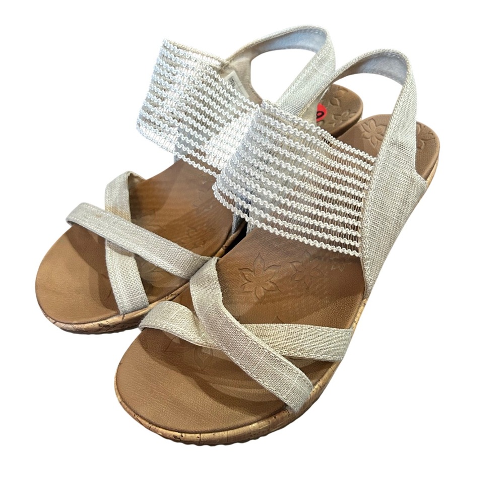 Skechers Wedge Sandals Women Natural Luxe Foam Strappy Cork Heel 6.5 31723